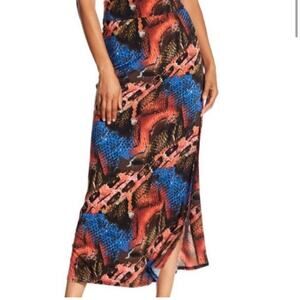 Vertigo Paris Womens Bias Cut Reptile Print Vibrant Maxi Skirt With Slit Size XS